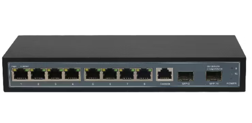 "8 port 10G SFP+ managed Ethernet switch full front panel fiber ports view"