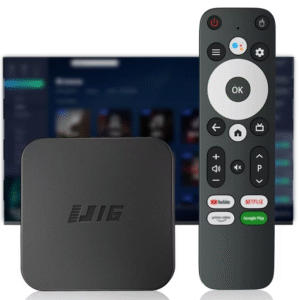 Android 4K TV box dual band WiFi voice remote HDMI USB Ethernet front view"