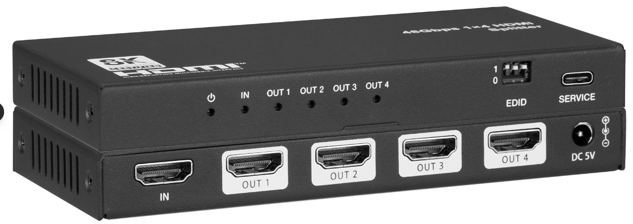 1x4 HDMI splitter 4K@60Hz 4:4:4 HDCP 2.2 front panel 1 input 4 outputs"